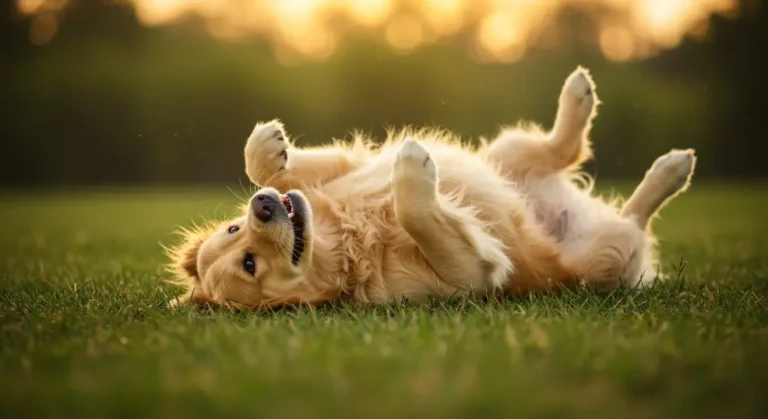 Golden Retriever being dramatic while lying down.
