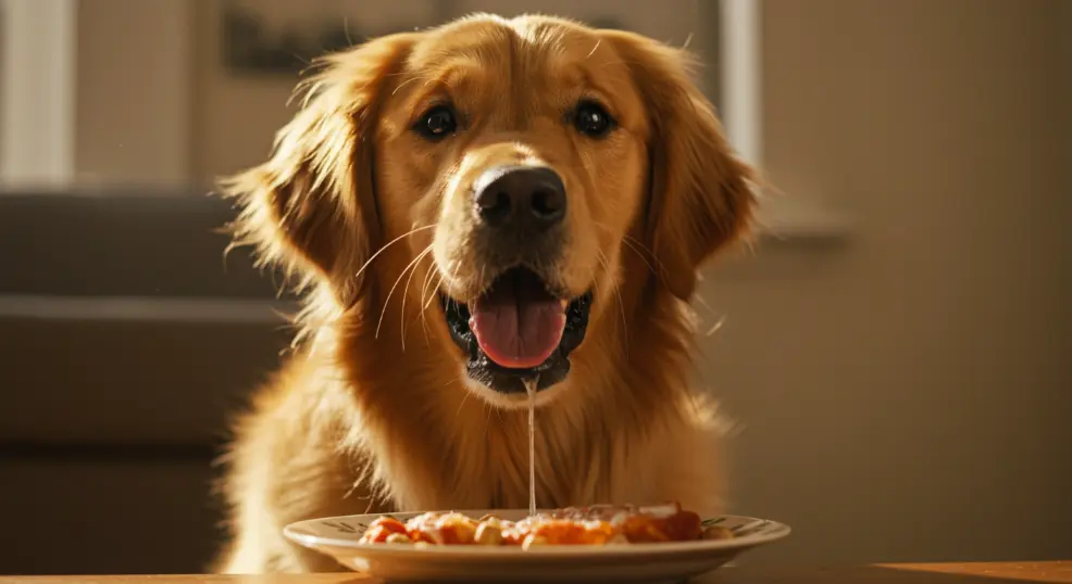 Golden Retriever drooling while looking at food.