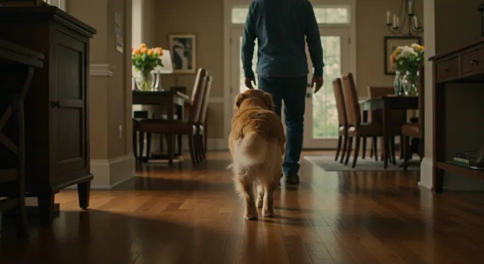Golden Retriever sticking close to owner indoors.