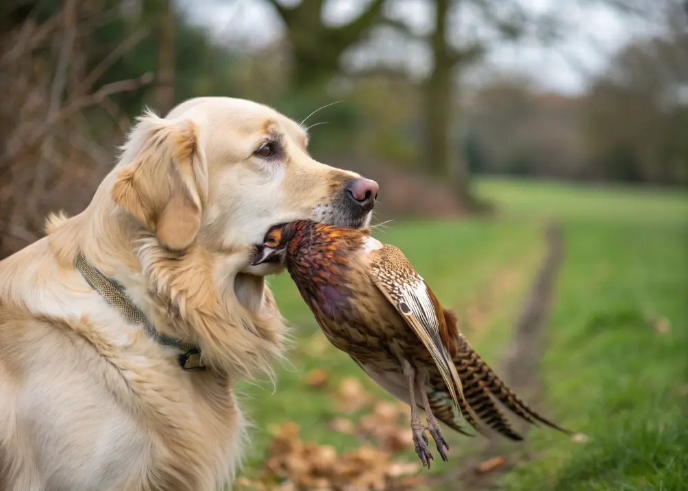 Golden Retriever holding a pheasant gently in its mouth.