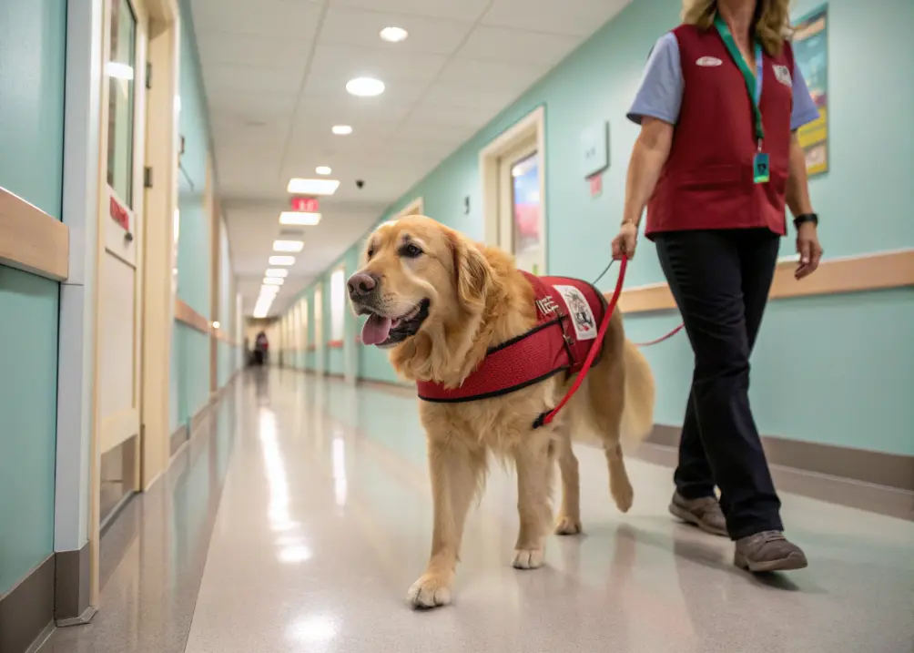 Golden Retriever therapy dog walking beside its handler in hospital.