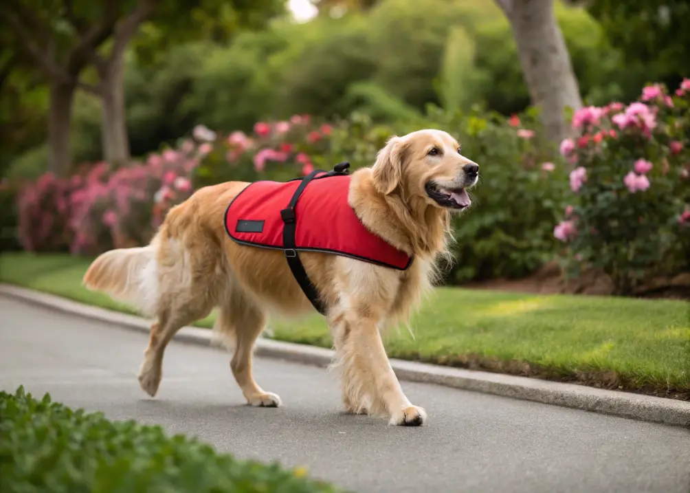 golden retriever in red therapy vest walking
