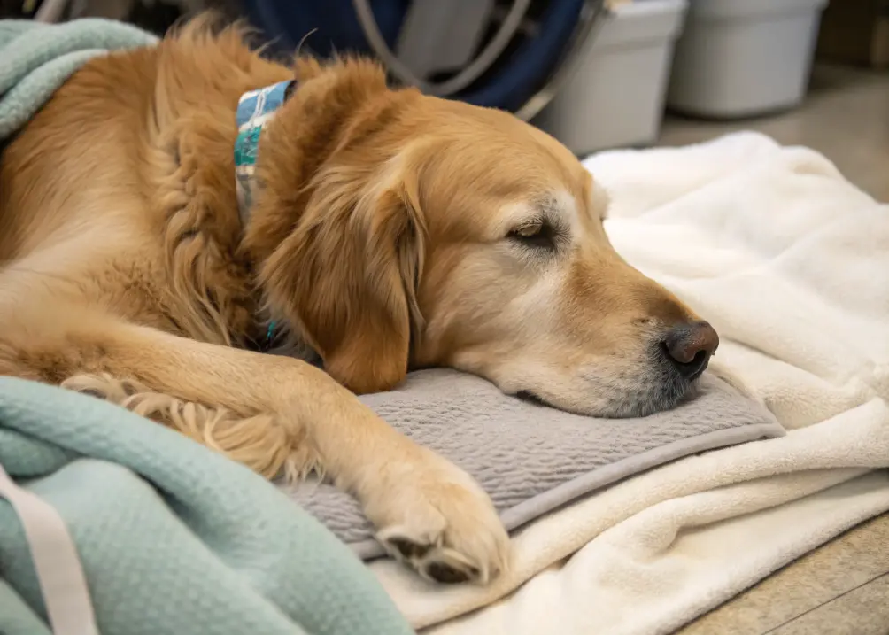 Golden Retriever lying down recovering from seizure.