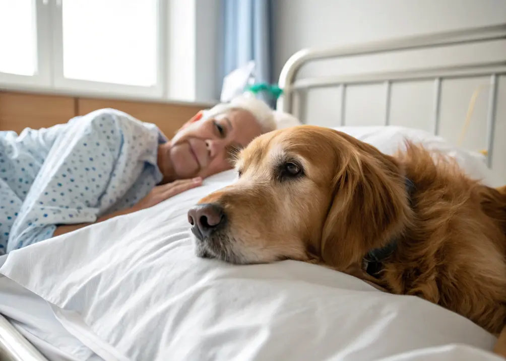 Golden Retriever therapy dog comforting hospital patient.