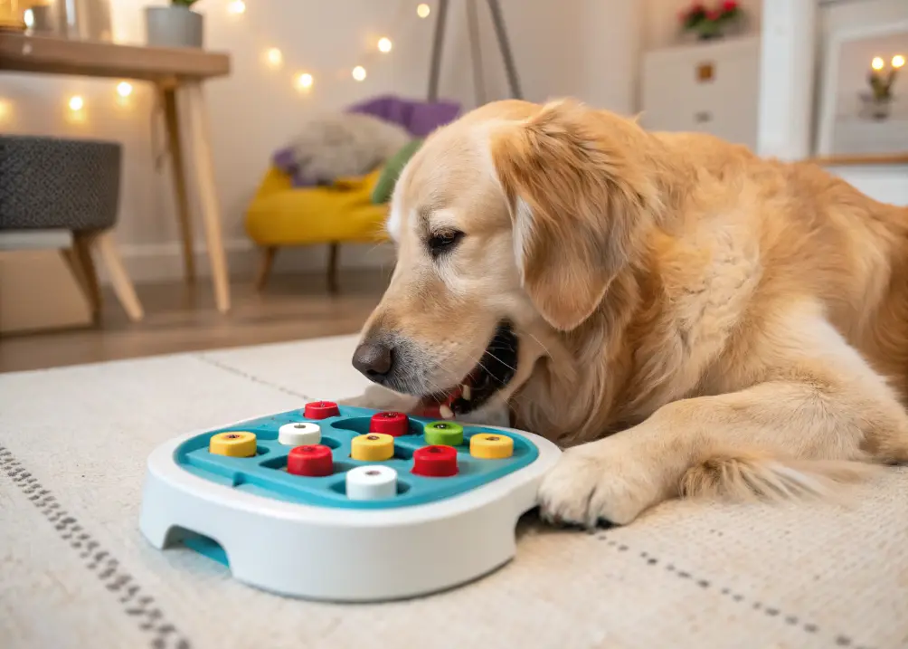 Golden Retriever playing with interactive puzzle toy.