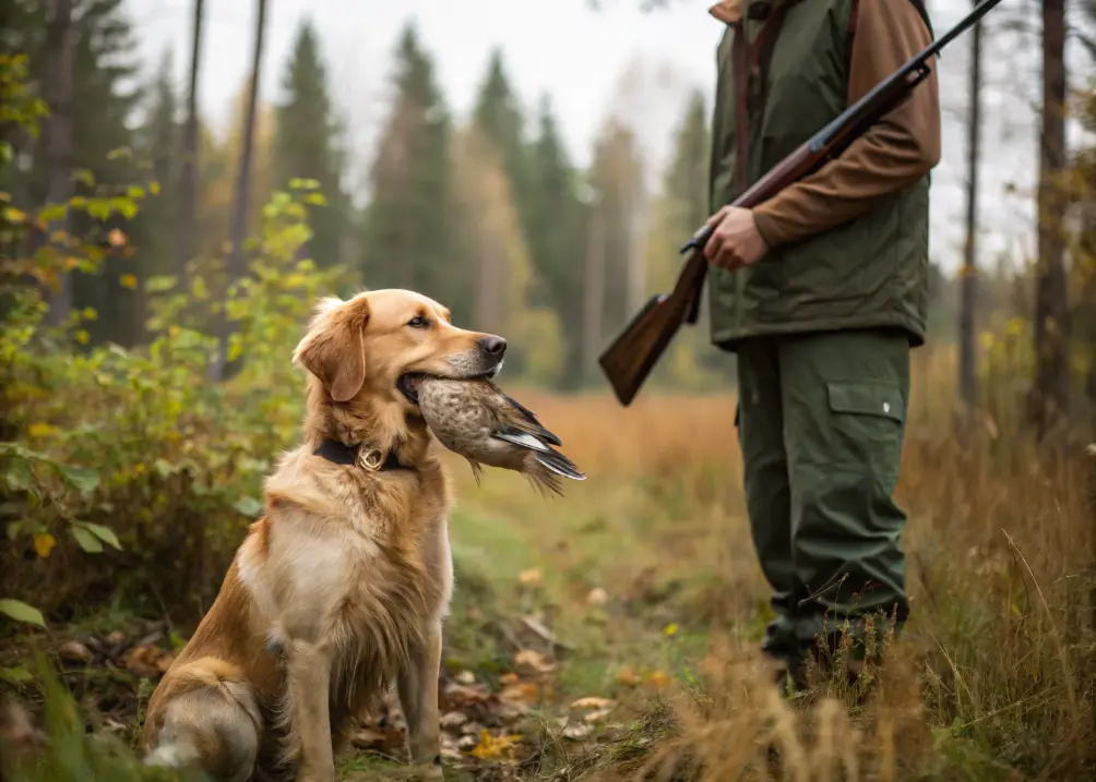 Golden Retriever posing with successful hunt retrieve.