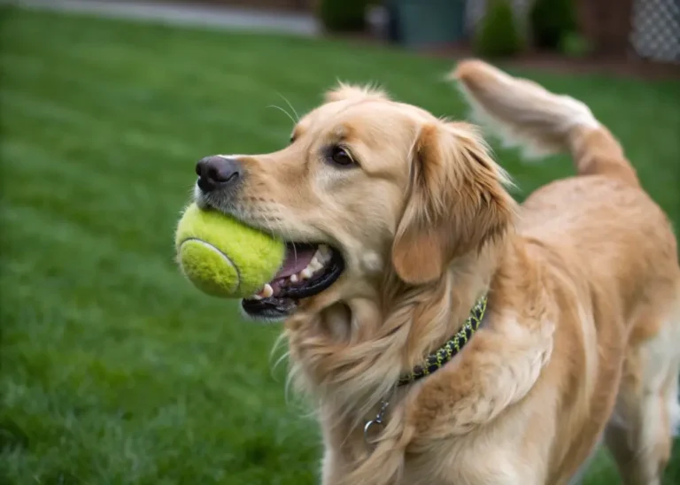 Golden Retriever stubbornly holding tennis ball.