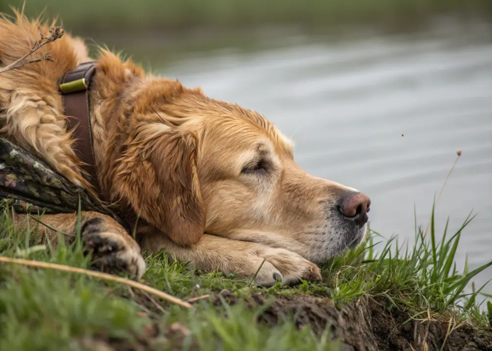 Tired Golden Retriever lying down after hunting day.