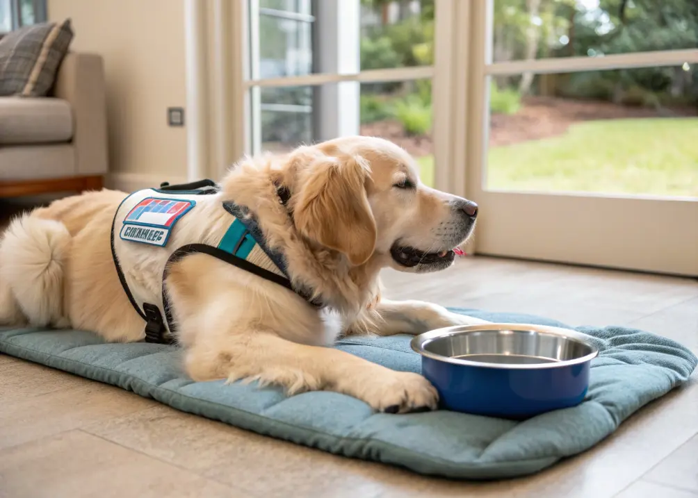 Therapy Golden Retriever lying down tired after session.