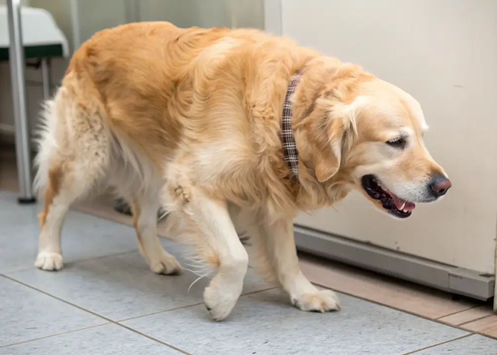 Golden Retriever showing difficulty in movement due to hip dysplasia.