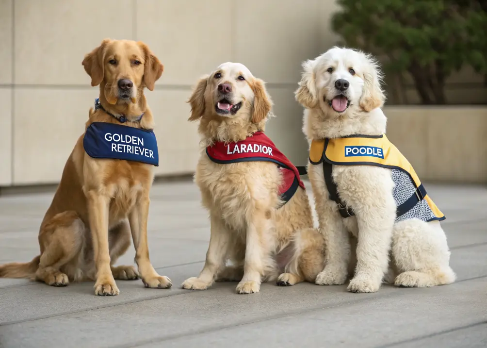 Golden Retriever with other therapy dogs during visit.