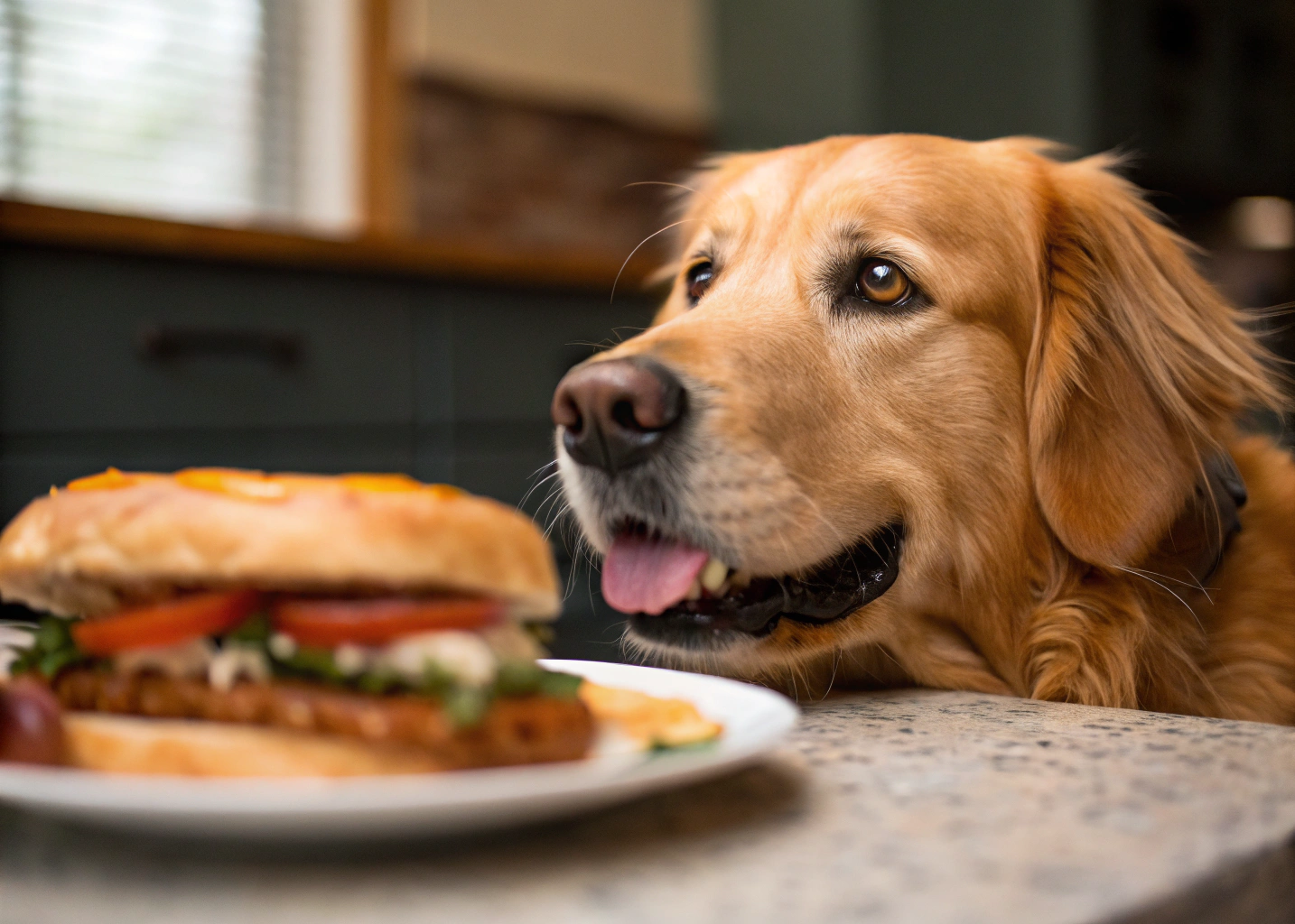Golden Retriever staring at human food on table.
