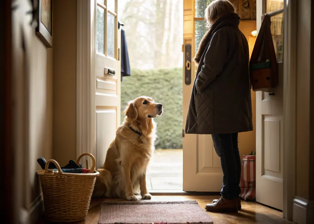 Golden Retriever with separation anxiety barking at closed door.