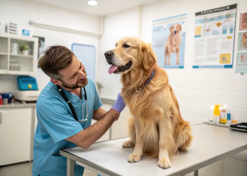 How Long Do Golden Retrievers Really Live Veterinarian examining a Golden Retriever