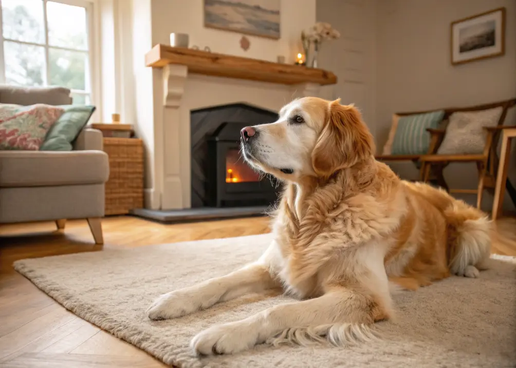 Golden Retriever with cream and golden blended fur.