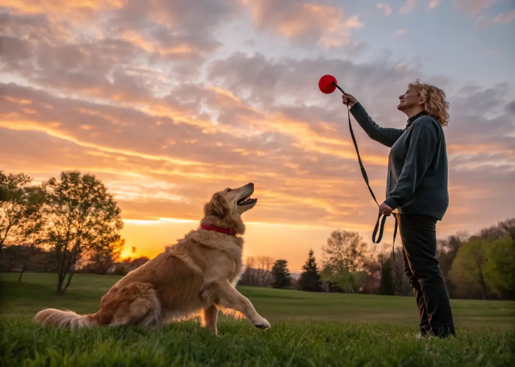 Owner playing with Golden Retriever at sunset.