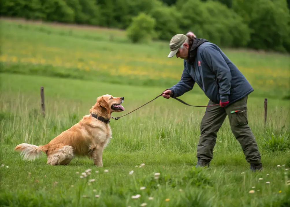 Trainer teaching Golden Retriever obedience outdoors.