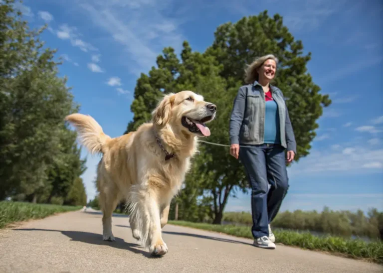 Golden Retriever walking happily with owner