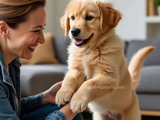  A joyful Golden Retriever puppy mid-jump toward a smiling person