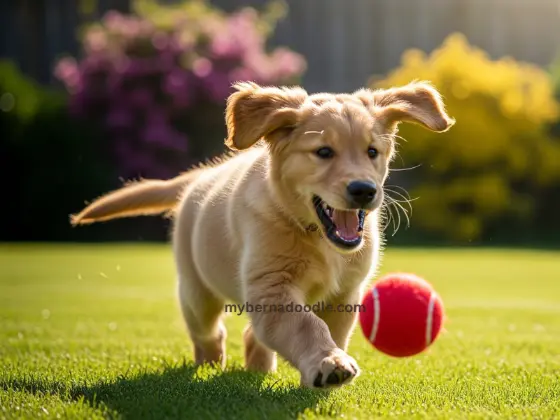 A Golden Retriever puppy chasing a ball in a sunny backyard, with a happy expression and a vibrant green lawn.