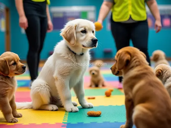 A Golden Retriever puppy in a puppy class, sitting attentively with other puppies and people around.