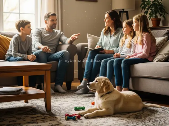 A family meeting in a living room, discussing training rules, with a Golden Retriever puppy lying calmly nearby.