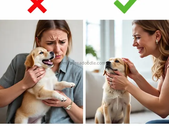 A split-screen image: on one side, a guest petting a jumping puppy (with a red “X”); on the other, a guest rewarding a sitting puppy