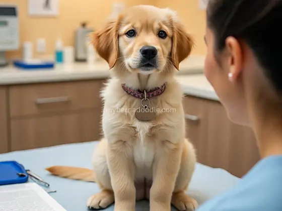 A Golden Retriever puppy at a vet’s office, sitting calmly on an exam table with a friendly vet smiling.