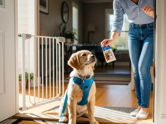  A Golden Retriever puppy on a leash near an open front door, sitting calmly as a guest enters.