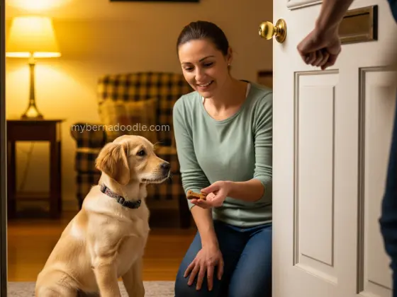 A staged scene with a friend knocking on the door, a Golden Retriever puppy sitting inside, and a treat in the owner’s hand.