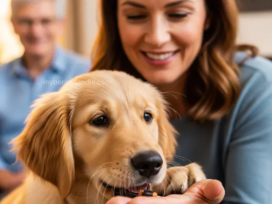  A Golden Retriever puppy sitting politely in front of a person holding a treat,