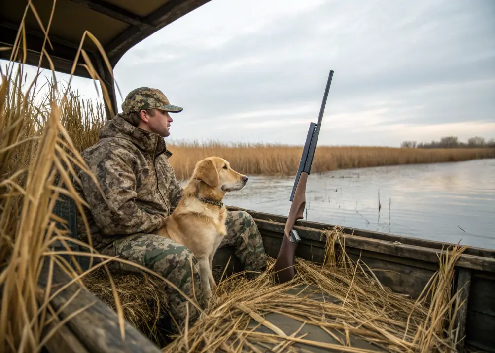 Golden Retriever waiting with hunter during duck hunt.
