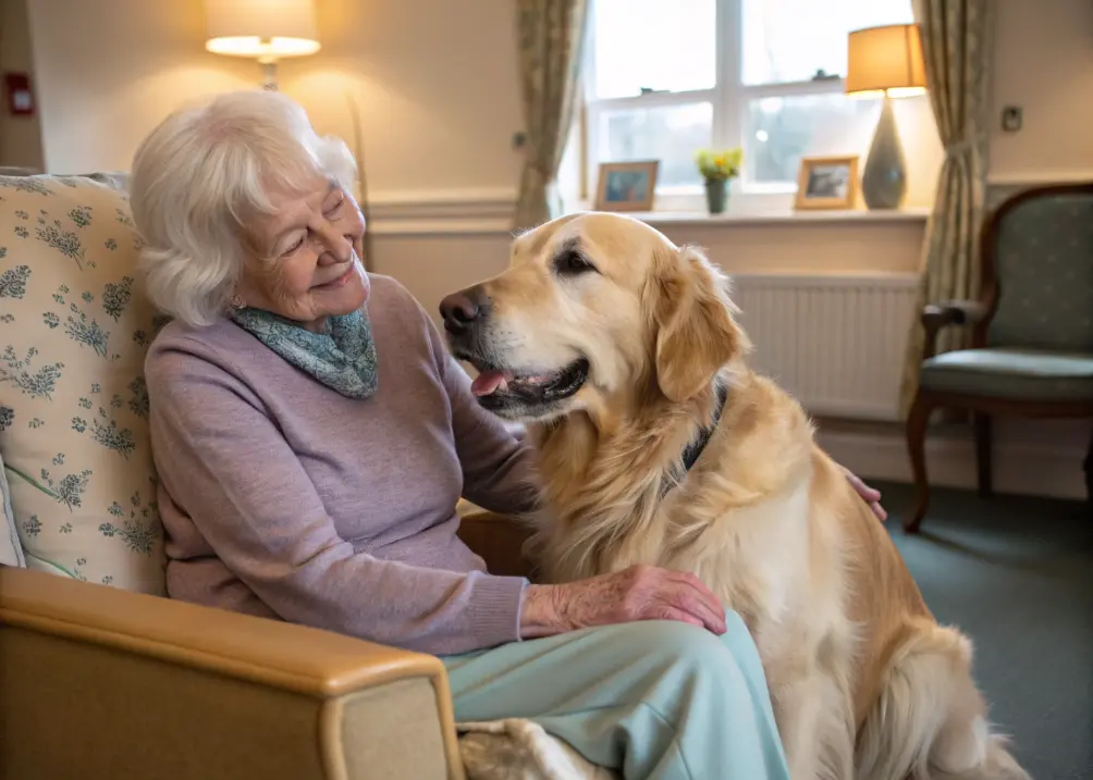 : Senior woman stroking Golden Retriever therapy dog in nursing home.