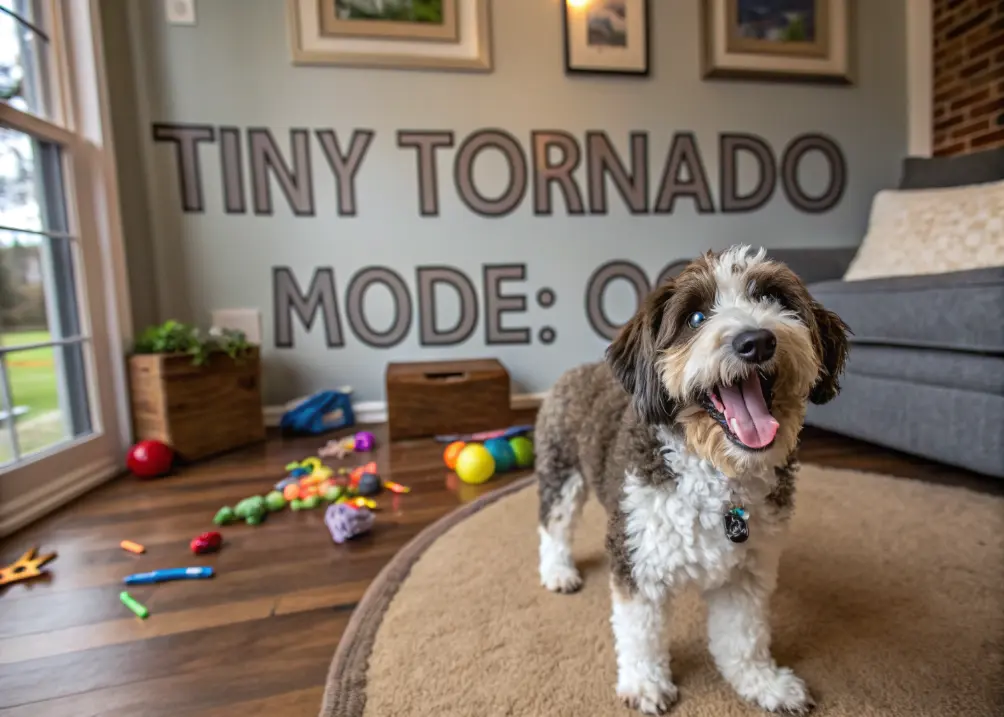 An excited bernedoodle stood in the middle of the room with toys.