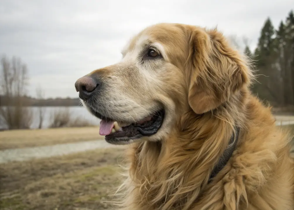 Senior Golden Retriever with graying face.