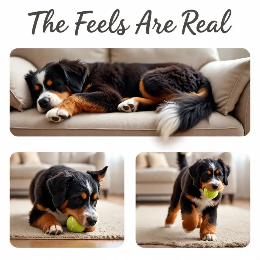 A collage of images bernedoodle having rest, running, and chewing its toys.
