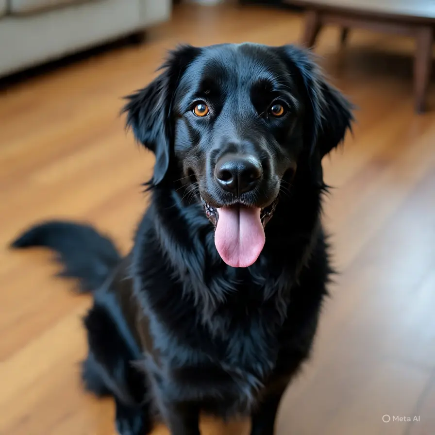 black golden retrievers sitting in a living room