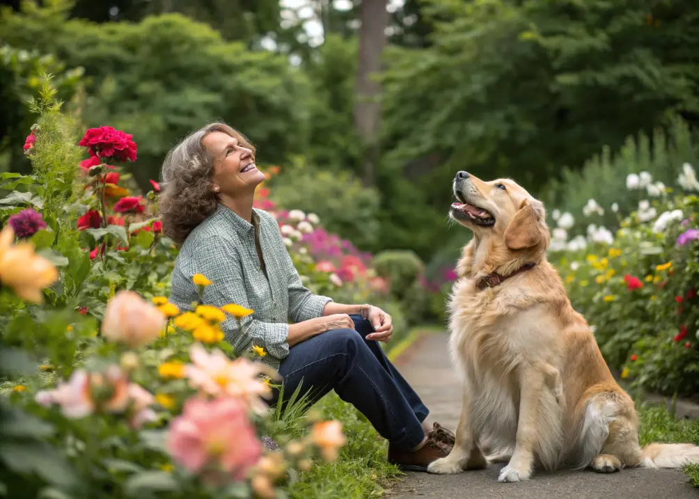 golden retriever and owner sitting happily