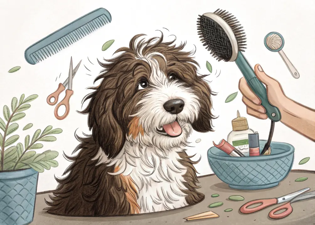 An illustration of a bernedoodle getting some grooming session