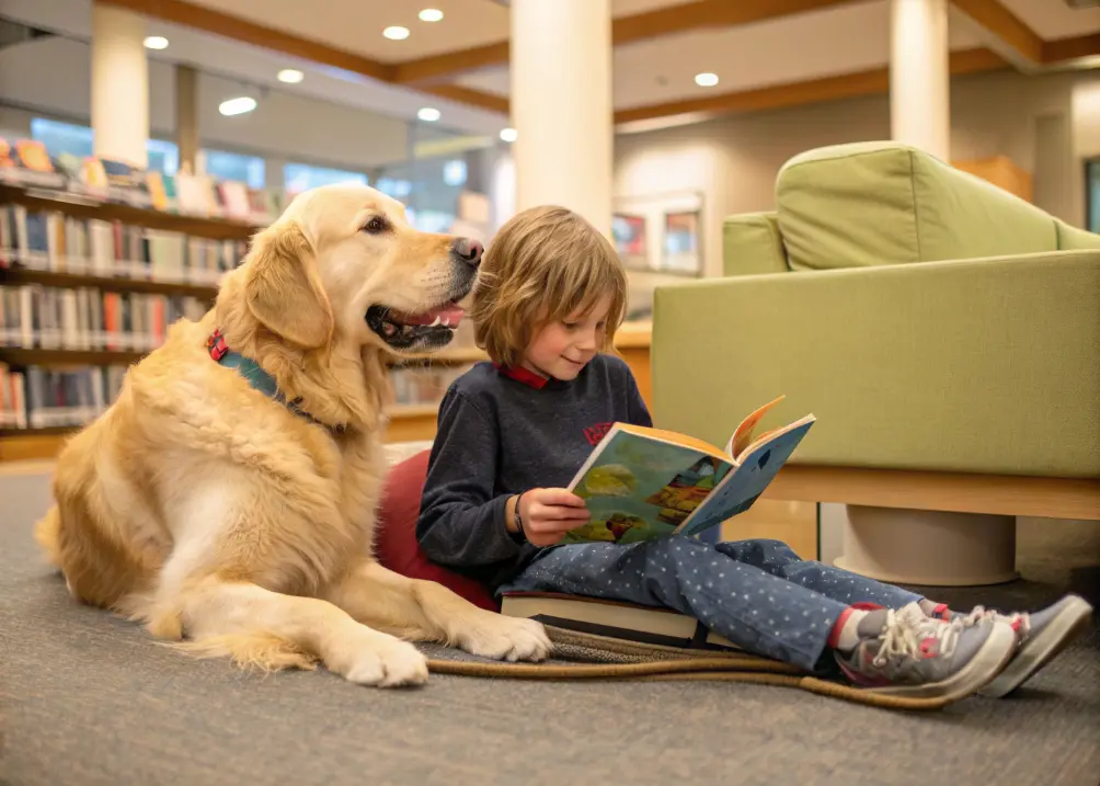 kid is reading and a dog sitting near him