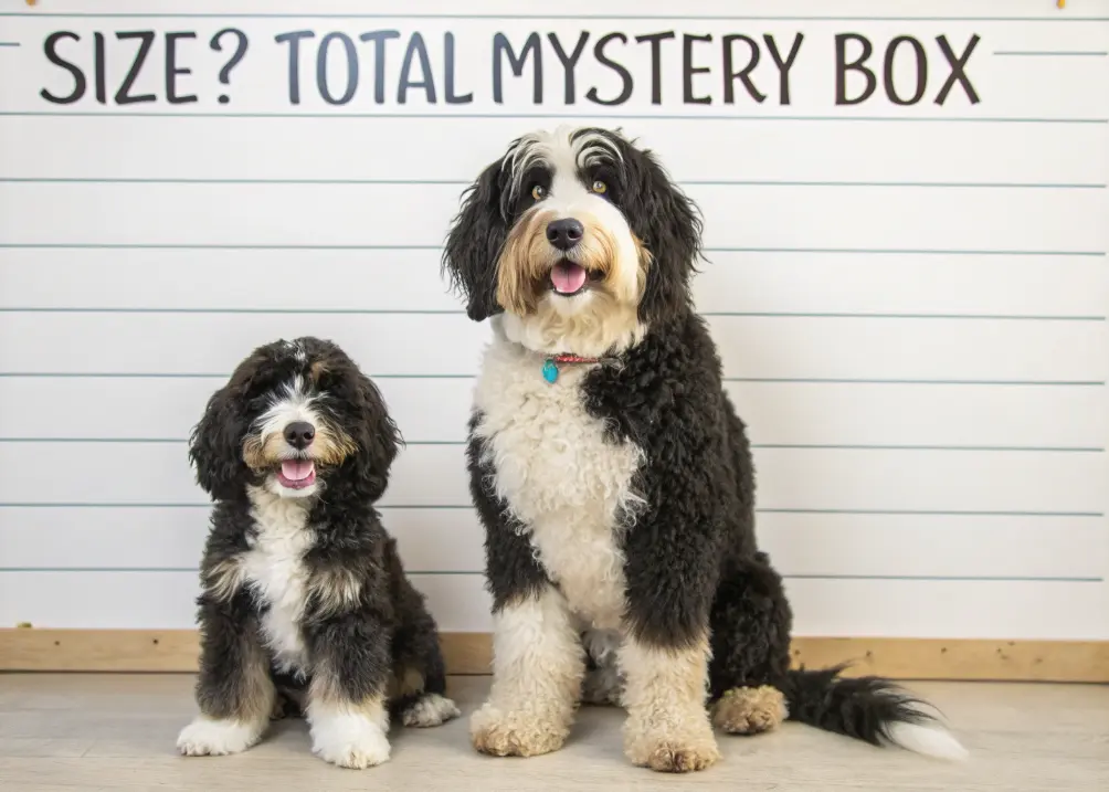 two adult bernedoodle with different sizes
