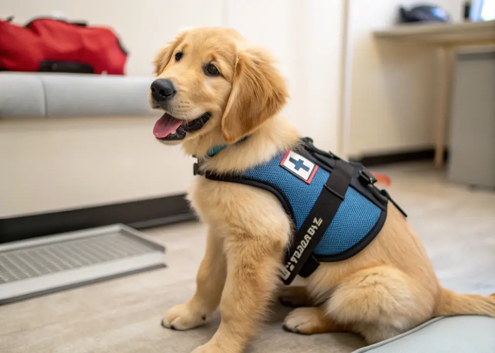 Golden Retriever puppy learning therapy work basics.