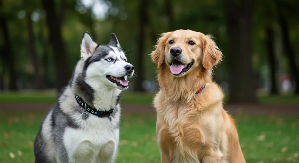 husky and golden retriever sitting together