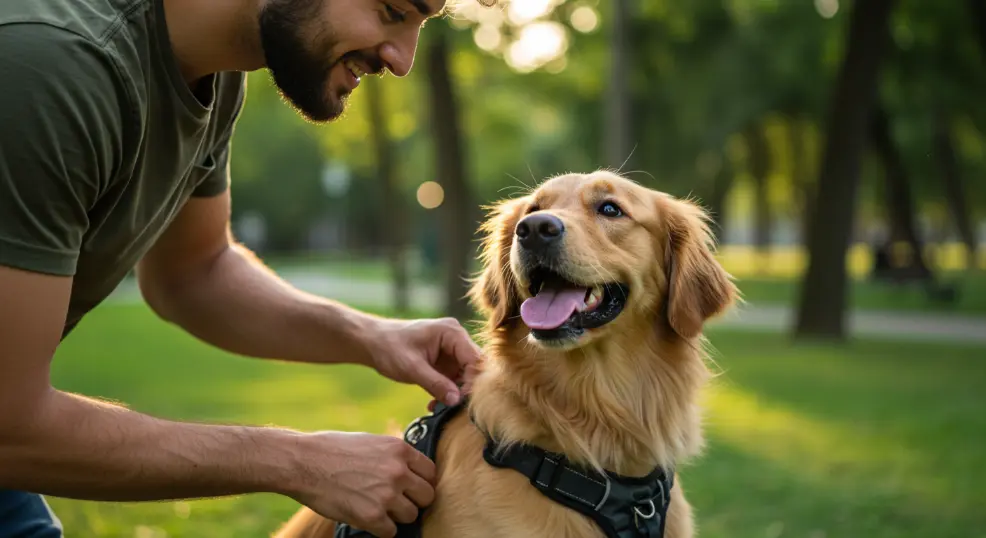 : Owner testing the fit of a dog harness with fingers under strap.