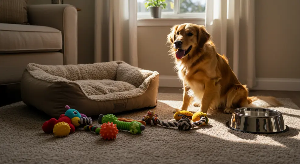 Dog bed and toys set up in a home for new Golden Retriever adoption.