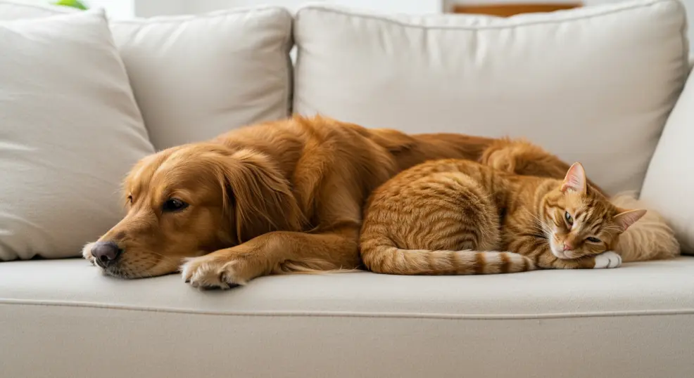 Golden retriever cuddling with an orange tabby cat on a sofa.