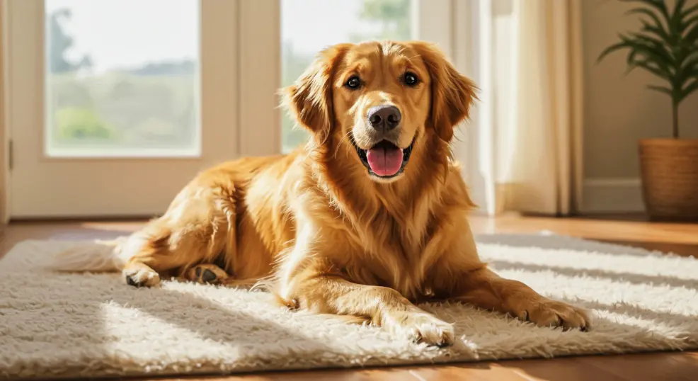 Adopted Golden Retriever relaxing in new forever home.
