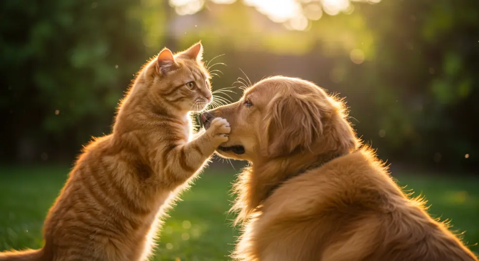 golden retriever and orange cat playing together.