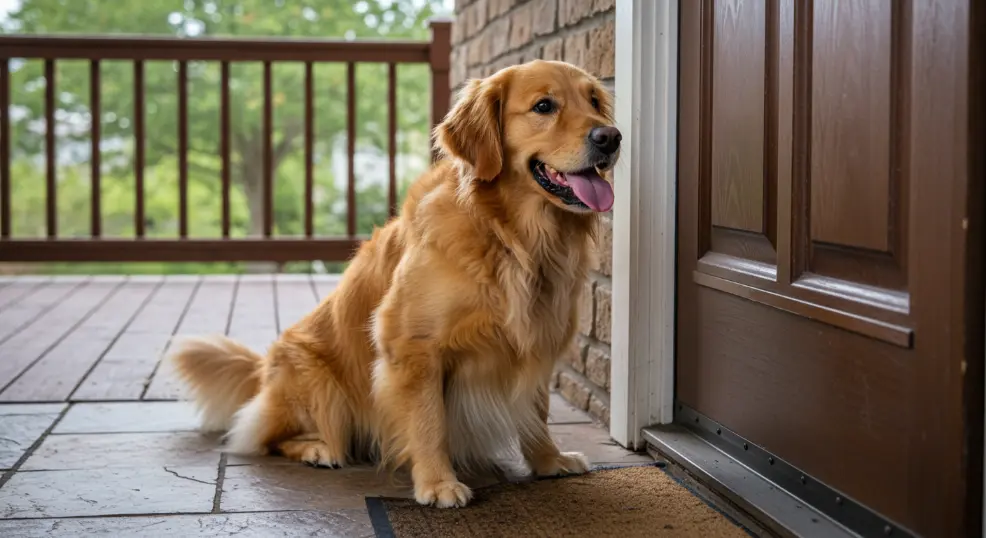 Golden retriever showing separation anxiety by waiting at the door.