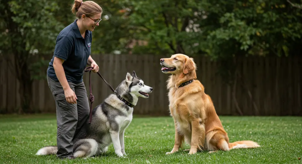 Training session with husky and golden retriever.